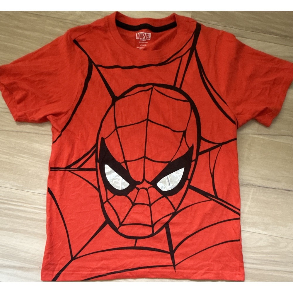 Marvel Spider-Man Boys L (14/16) Red 100% Cotton Graphic Logo Crew T-Shirt
